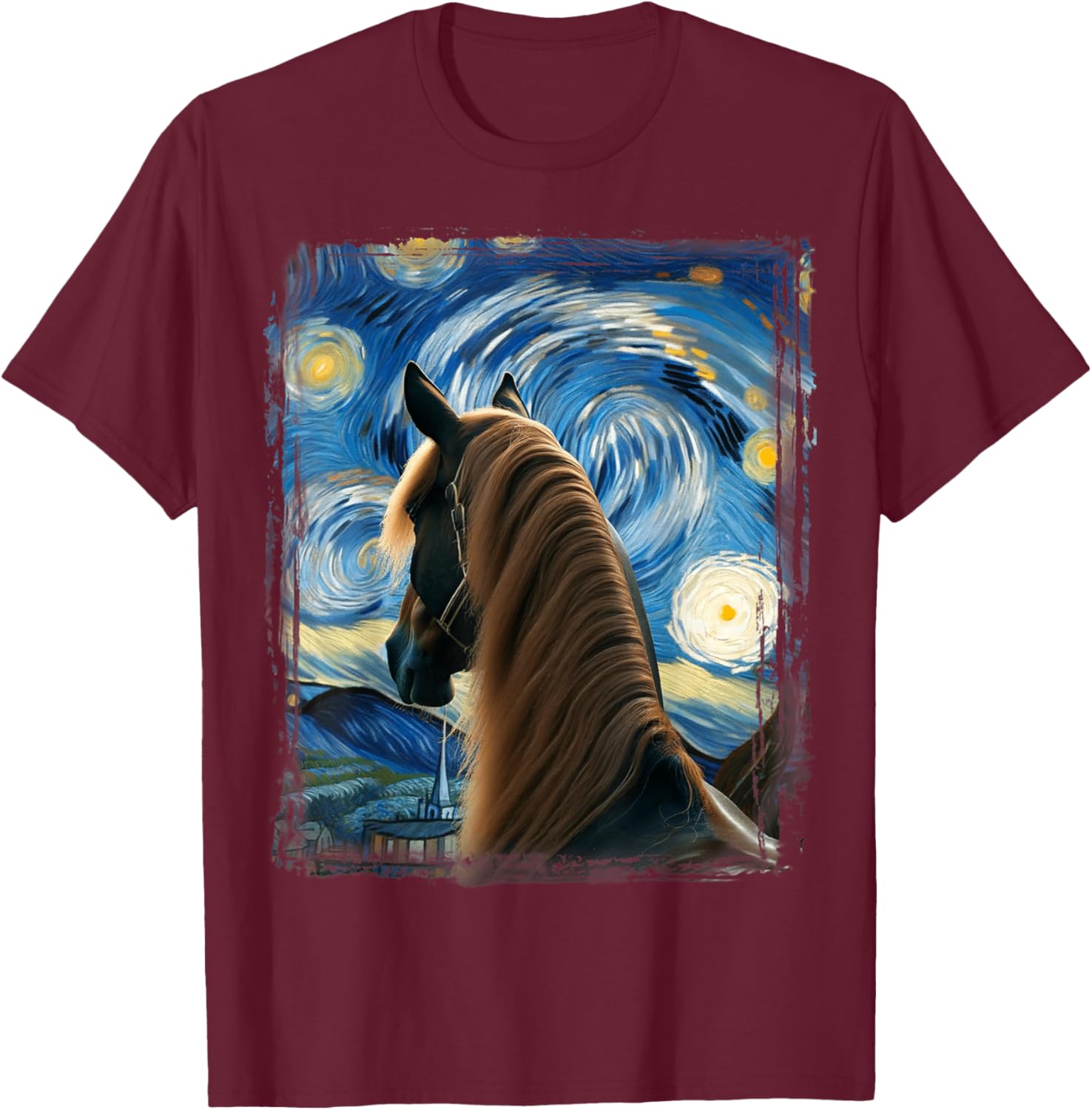 Horse Star Gazer Artistic Van Gogh Style Starry Night Horse T-Shirt - T-Shirt | Maroon