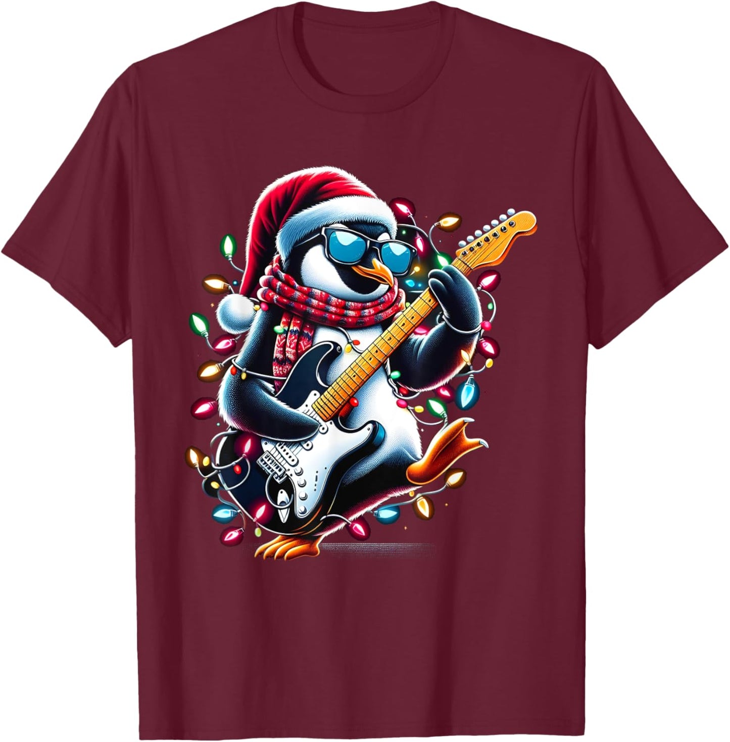 Penguin Playing Guitar Toddler Penguin Christmas Light Xmas T-Shirt - T-Shirt | Maroon