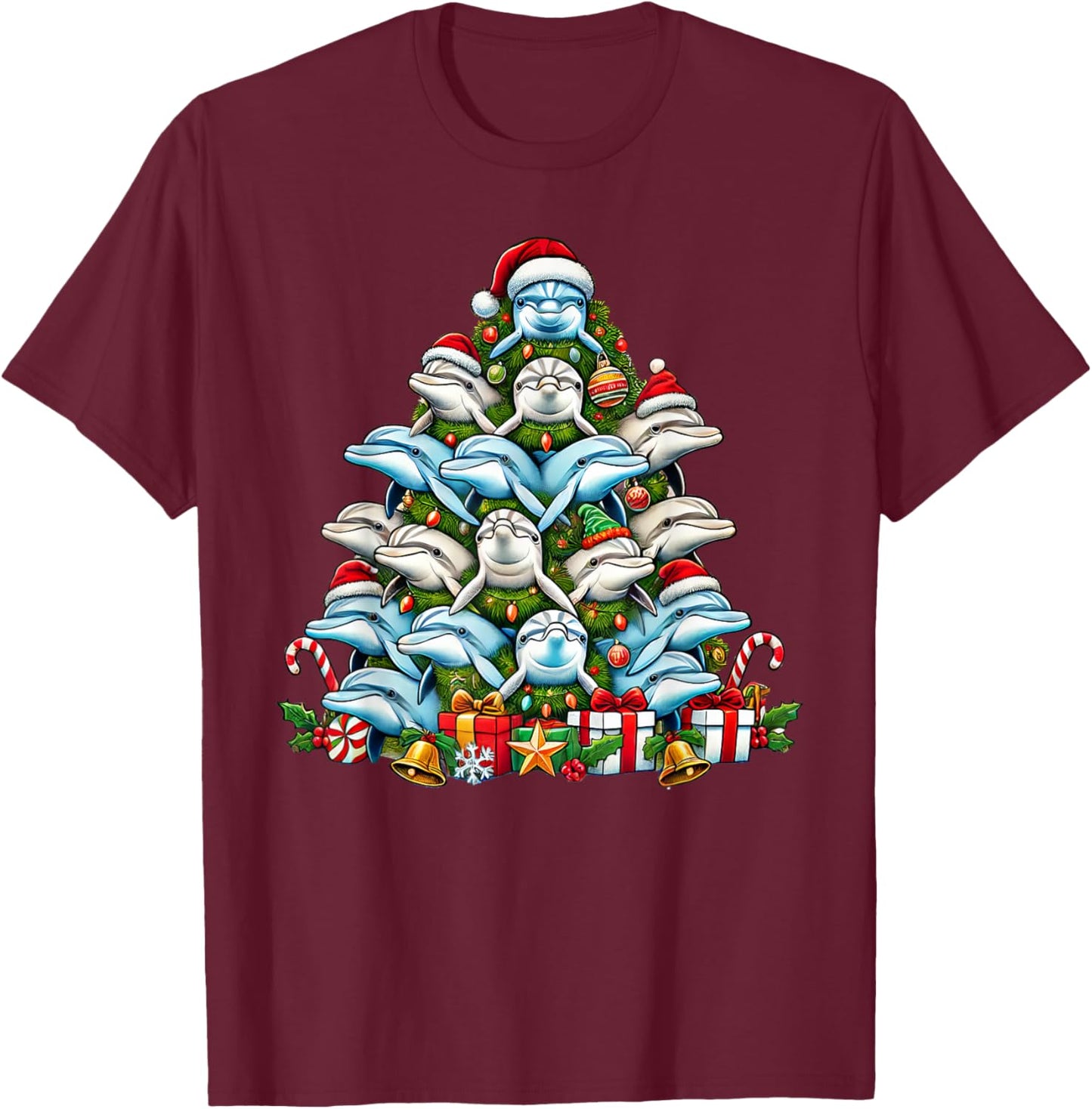 Dolphin Christmas Tree Funny Dolphin Xmas T-Shirt - T-Shirt | Maroon
