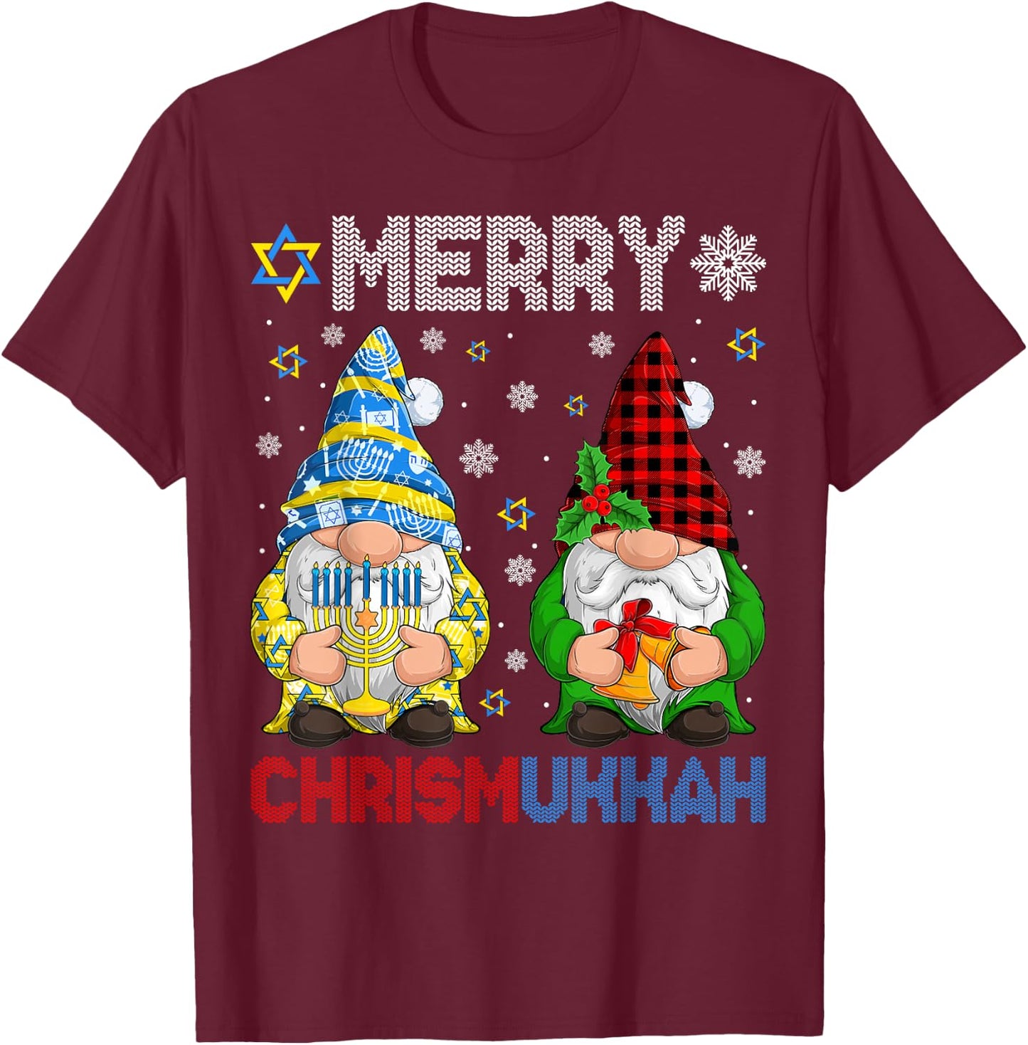 Merry Chrismukkah Jewish Gnome Christmas Chanukah Pajamas T-Shirt - T-Shirt | Maroon