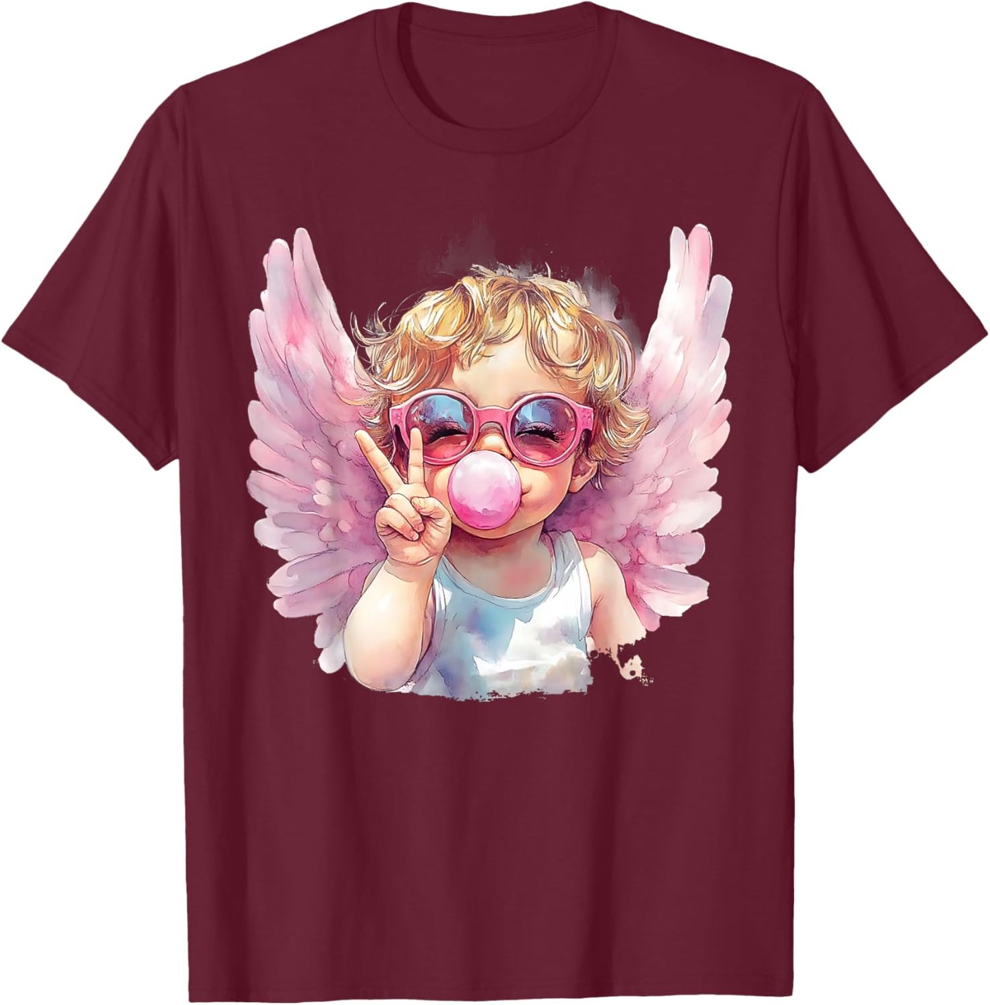 Cute Cupid Blowing Bubble Gum Sunglasses Valentine's Day T-Shirt - T-Shirt | Maroon