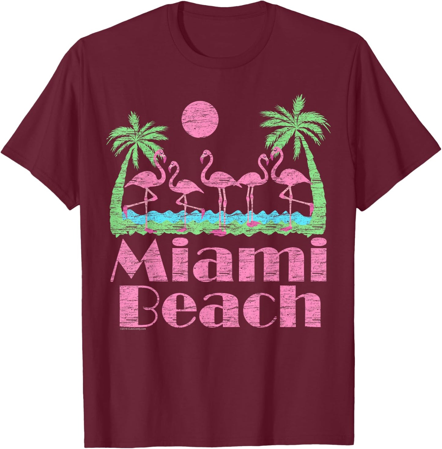 Miami Beach Pink Flamingo Florida Souvenir Men Women Kid 80s T-Shirt - T-Shirt | Maroon