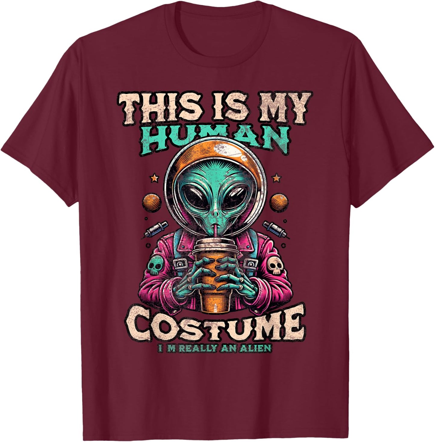 This Is My Human Costume Funny Alien Halloween T-Shirt - T-Shirt | Maroon