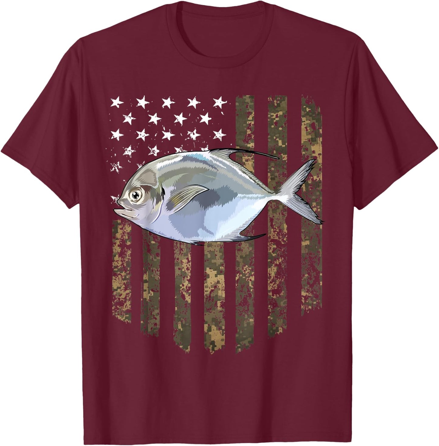 Camo American Flag Pompano Fishing 4th Of July Women Men T-Shirt - T-Shirt | Maroon