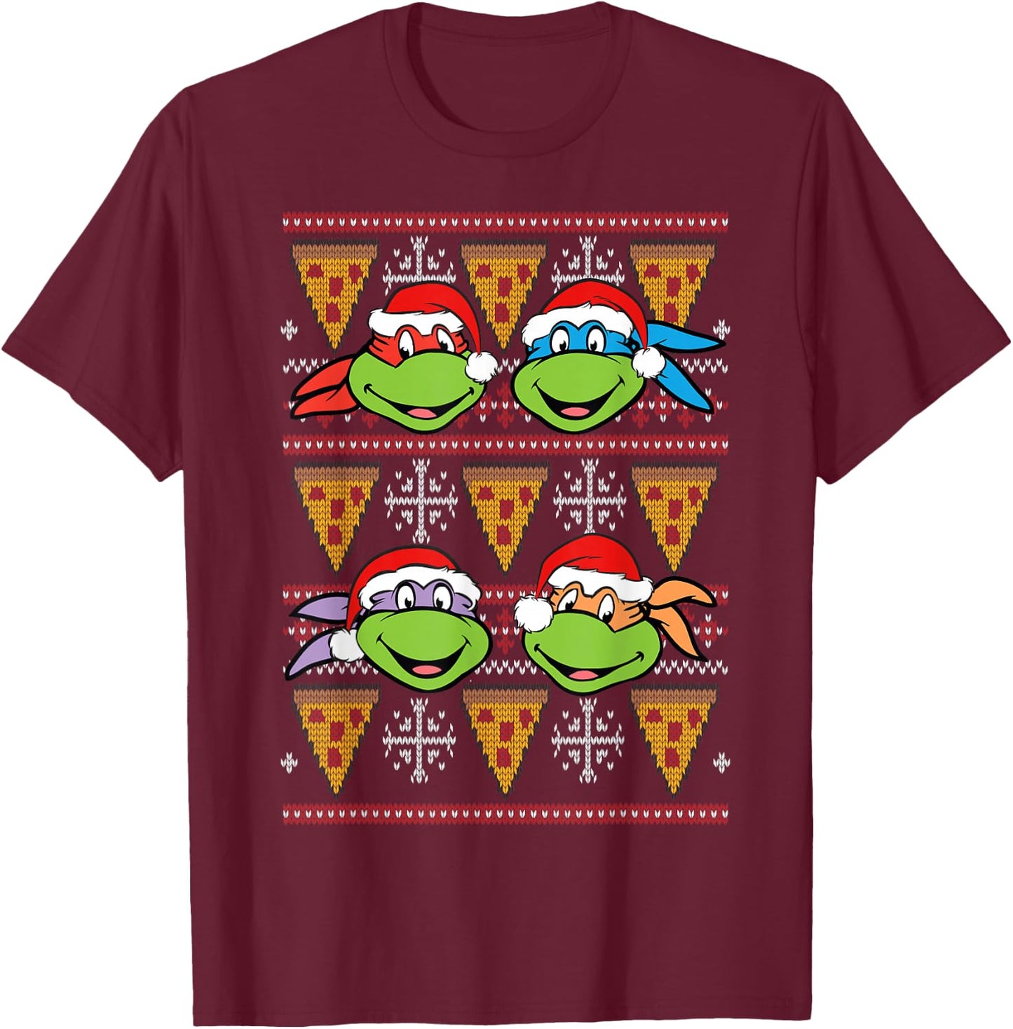 Xmas Ugly Sweater Design Tmnt Heads And Pizza T-Shirt - T-Shirt | Maroon