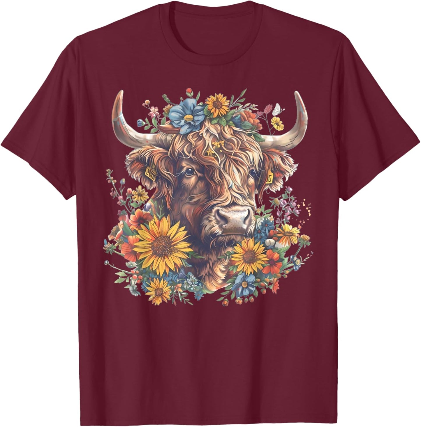 Cute Highland Cow With Sunflowers Funny Calf Animal Farm T-Shirt - T-Shirt | Maroon