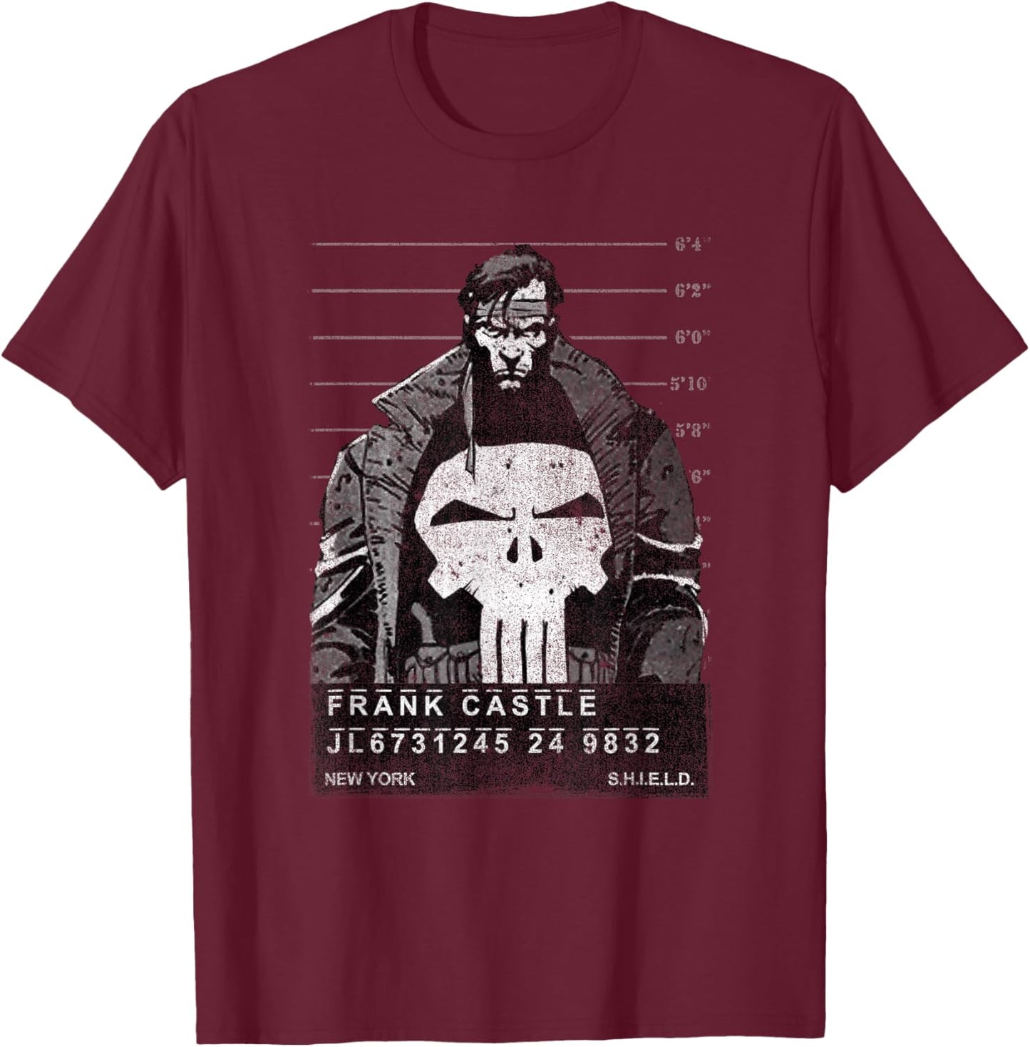 Marvel Punisher Frank Castle Shield Mugshot Poster Vintage T-Shirt - T-Shirt | Maroon