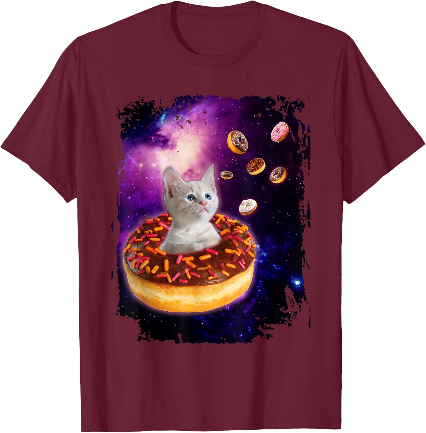 Cute Cat Inside Donut in Space Boys Girl - Kitty in Space T-Shirt - T-Shirt | Maroon