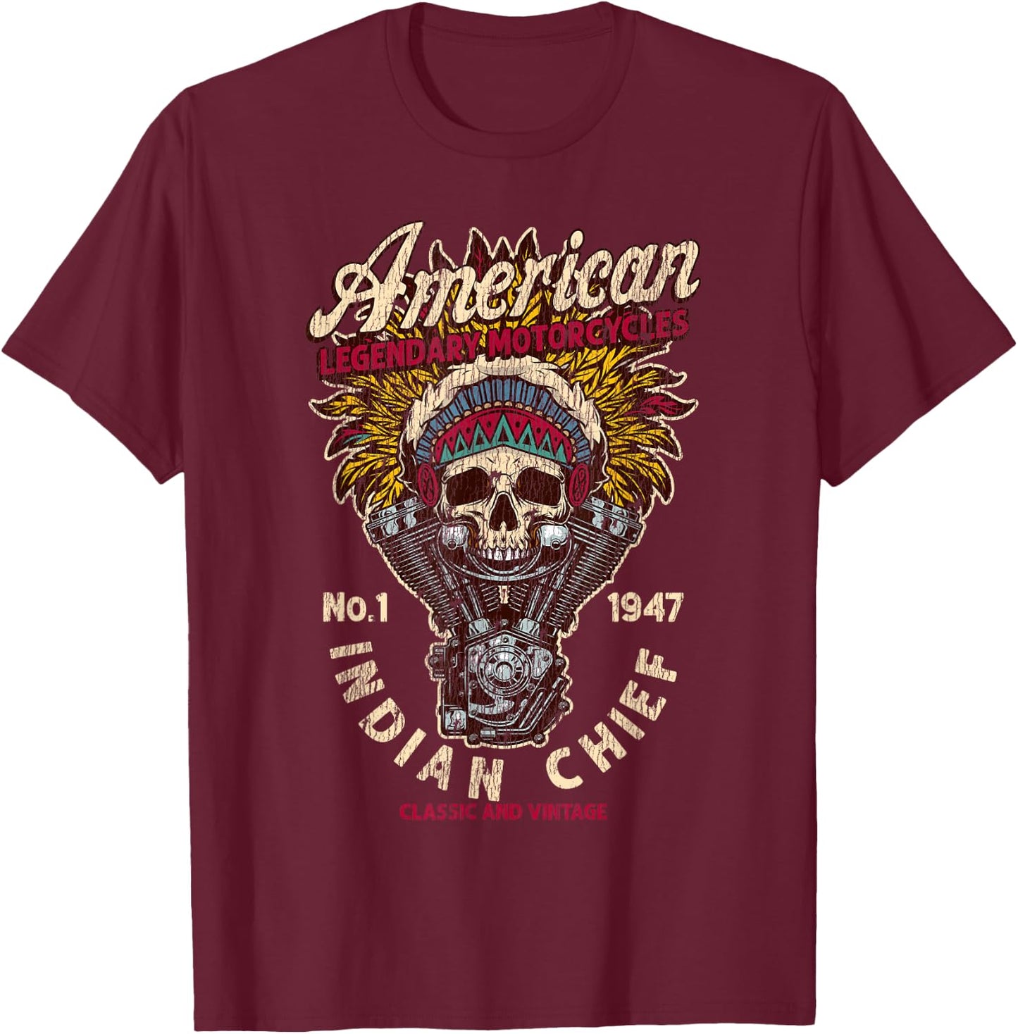 Retro Vintage American Motorcycle Indian native Bikers Gift T-Shirt - T-Shirt | Maroon