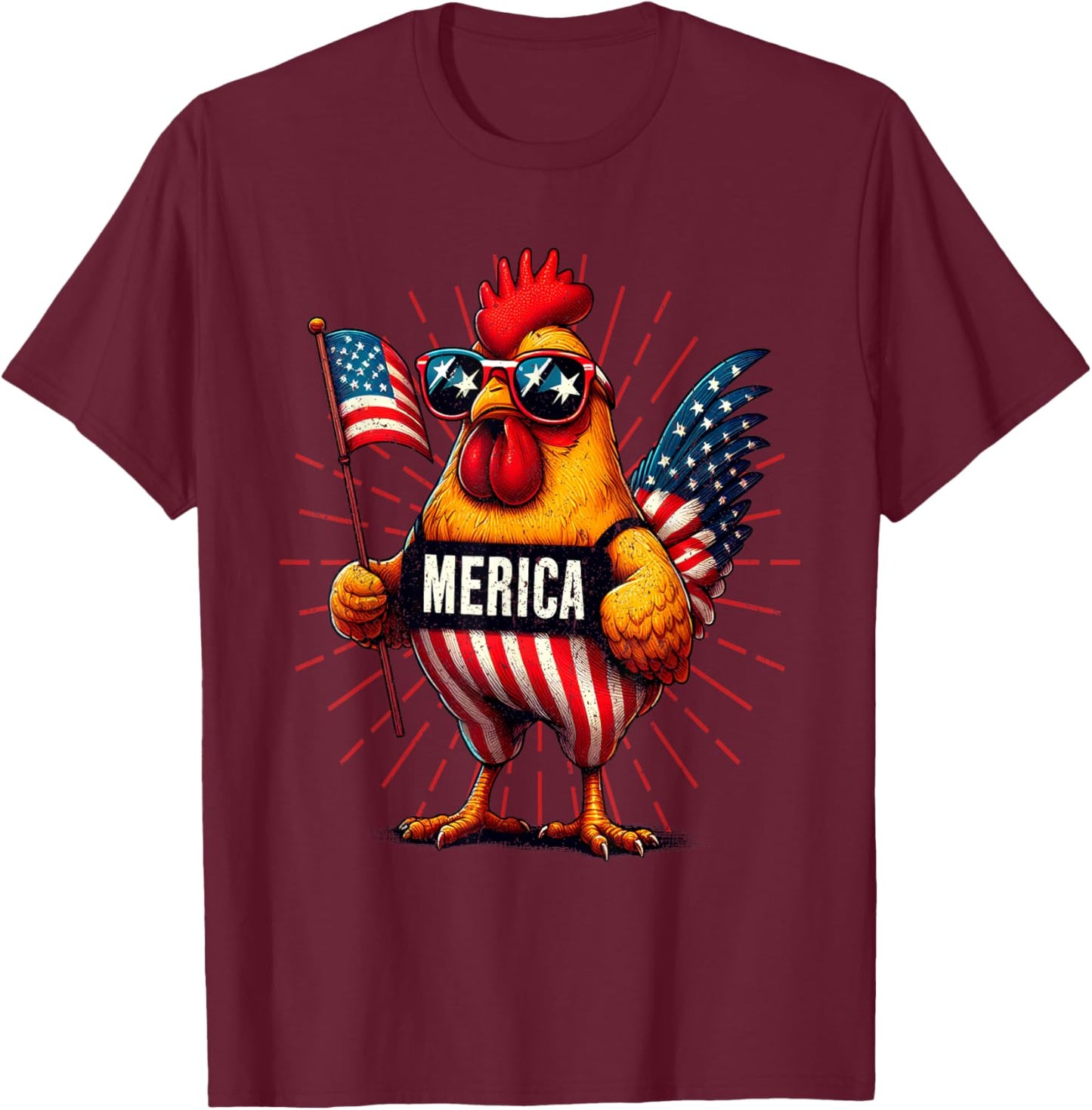 Merica Chicken Rooster 4th of July Patriotic American Flag T-Shirt - T-Shirt | Maroon