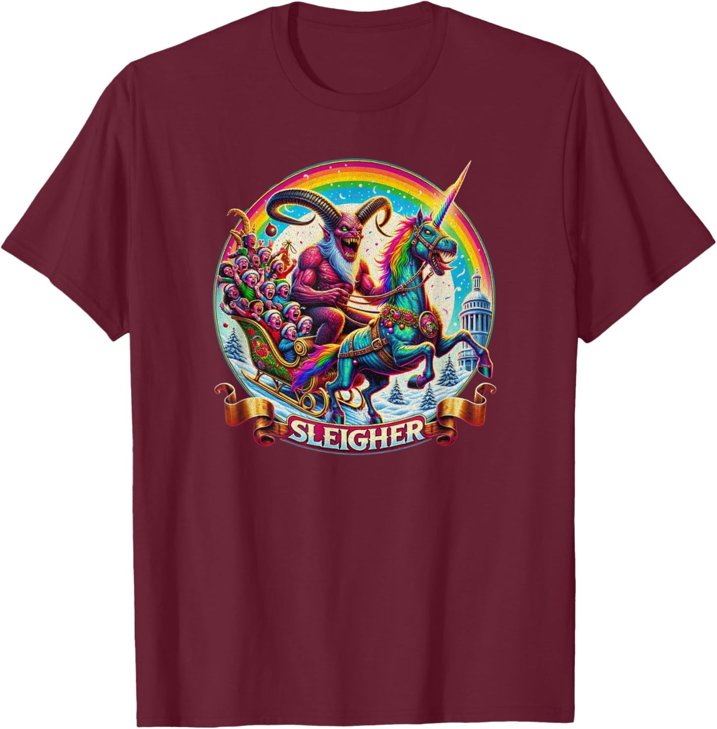 Sleigher Krampus Unicorn Demon Horror Christmas Gothic T-Shirt - T-Shirt | Maroon
