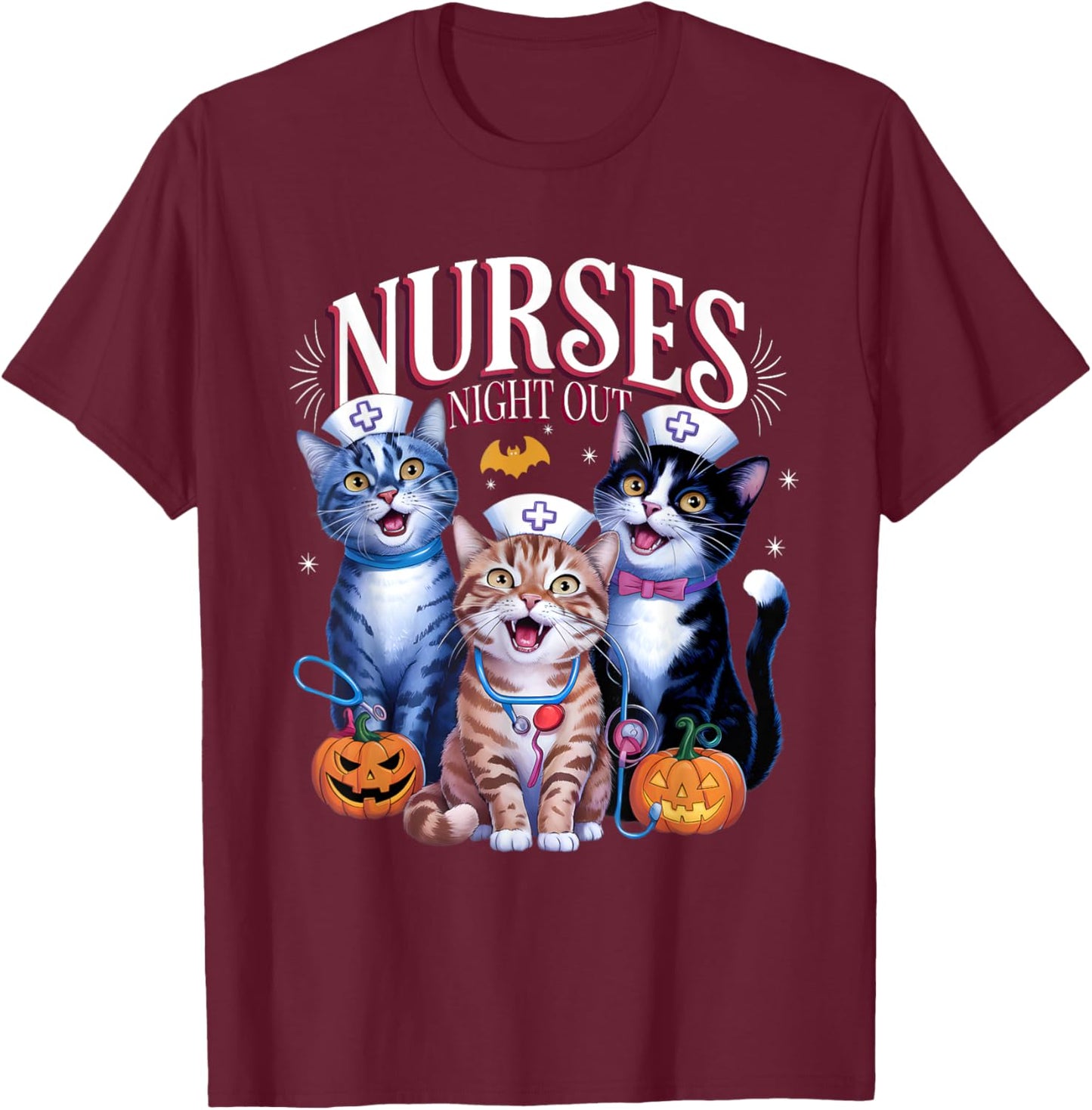 Nurses Night Out Halloween Cats Funny Nurse Costume T-Shirt - T-Shirt | Maroon