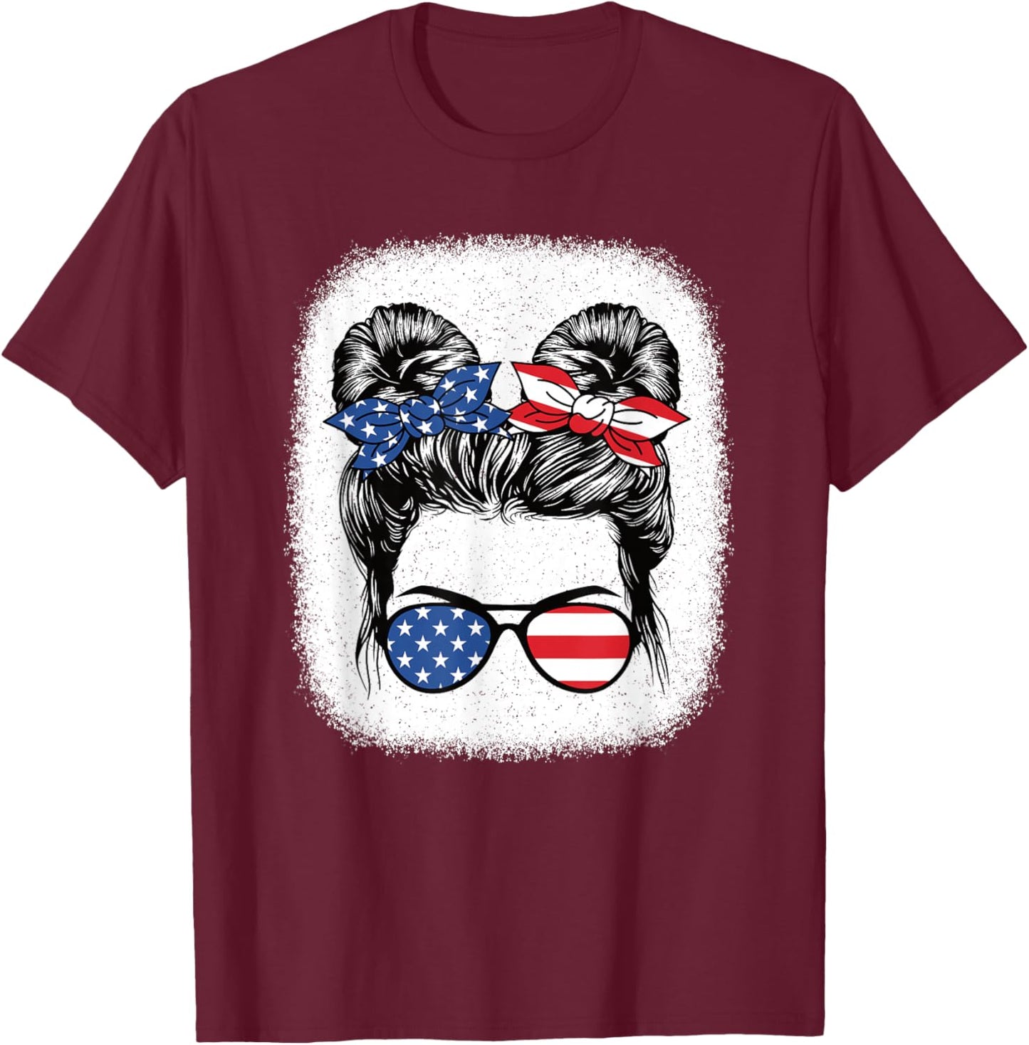 Cute 4th of July Messy Bun Girl American Flag Patriotic USA T-Shirt - T-Shirt | Maroon