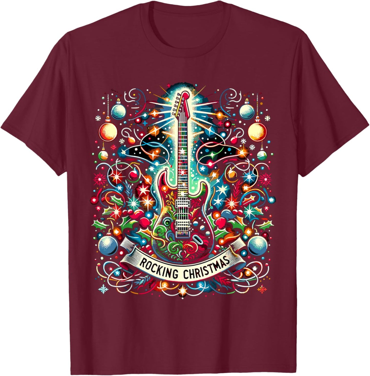 The Rocking Christmas Christmas Rock Guitar Santa T-Shirt - T-Shirt | Maroon