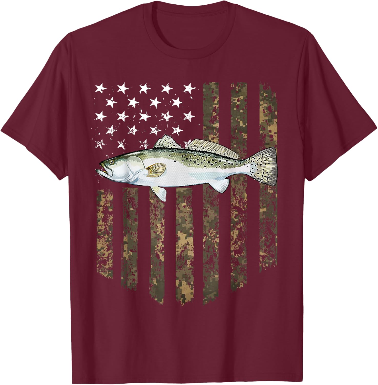 Camo American Flag Speckled Trout Fishing 4th Of July Men T-Shirt - T-Shirt | Maroon