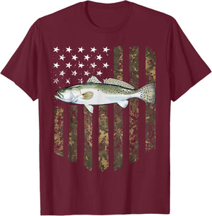 Camo American Flag Speckled Trout Fishing 4th Of July Men T-Shirt - T-Shirt | Maroon