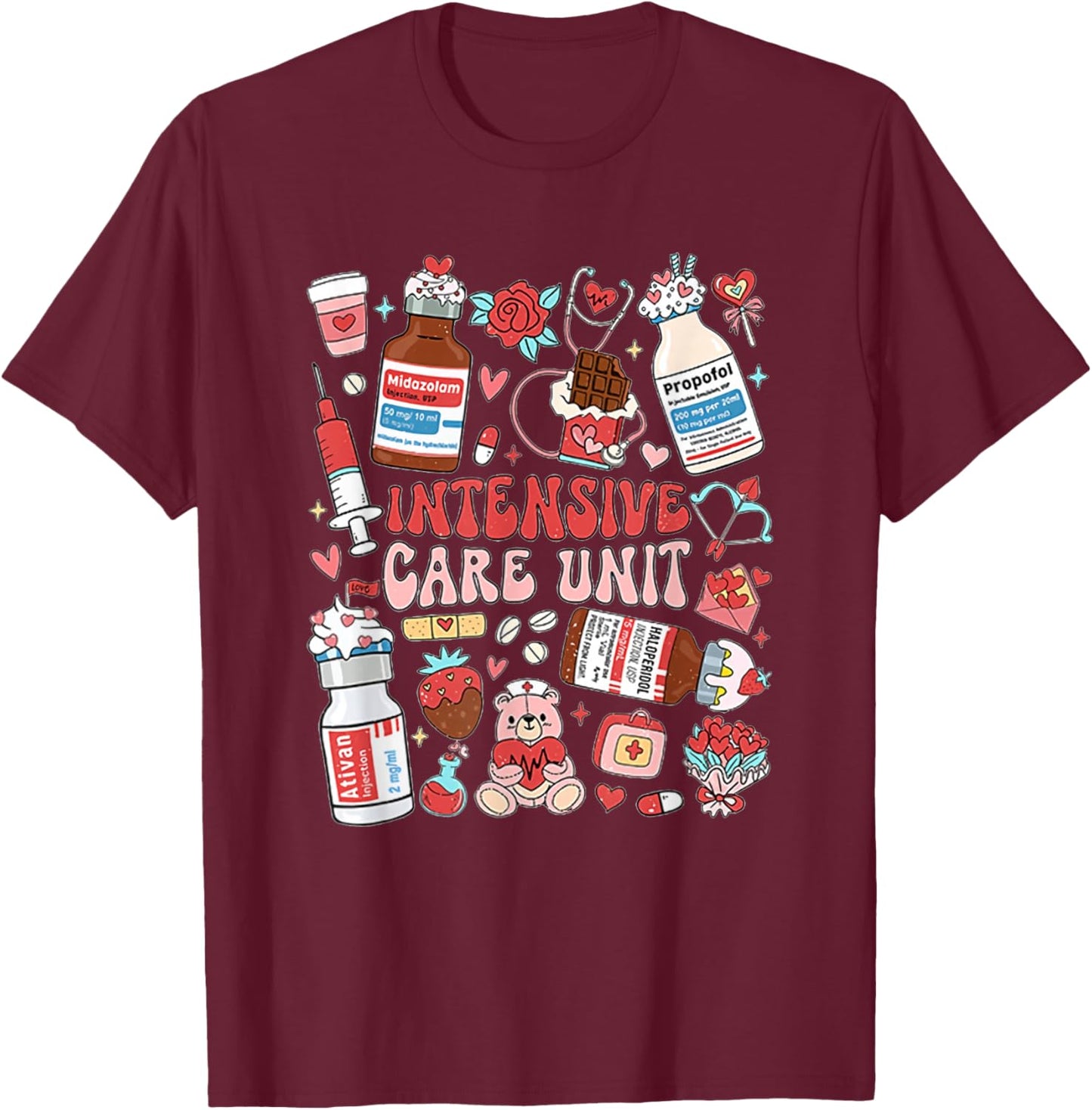 Retro Intensive Care Unit Nurse Tech Valentine ICU Nurse T-Shirt - T-Shirt | Maroon
