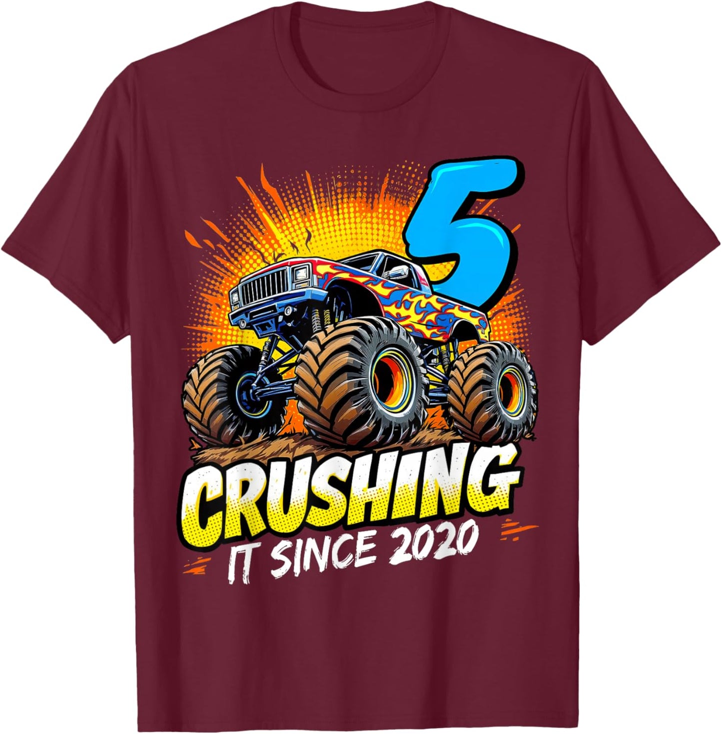 Birthday Monster Truck 5 year Old Boys 5th Party Born 2020 T-Shirt - T-Shirt | Maroon