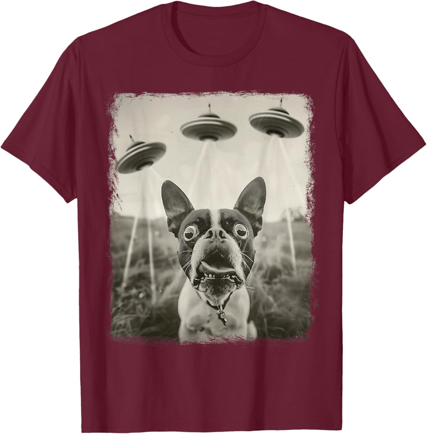 Boston Terrier Dog UFO Alien Extraterrestrial Selfie T-Shirt - T-Shirt | Maroon