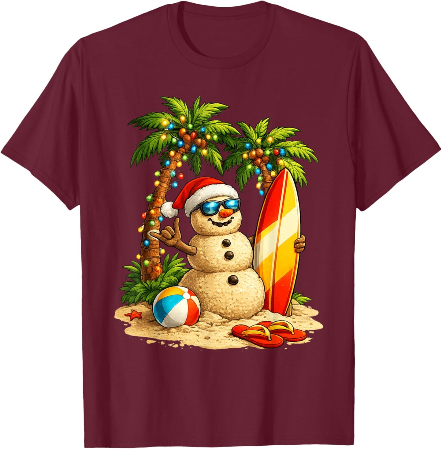 Xmas in July Santa Snowman Beach Summer Christmas in June T-Shirt - T-Shirt | Maroon