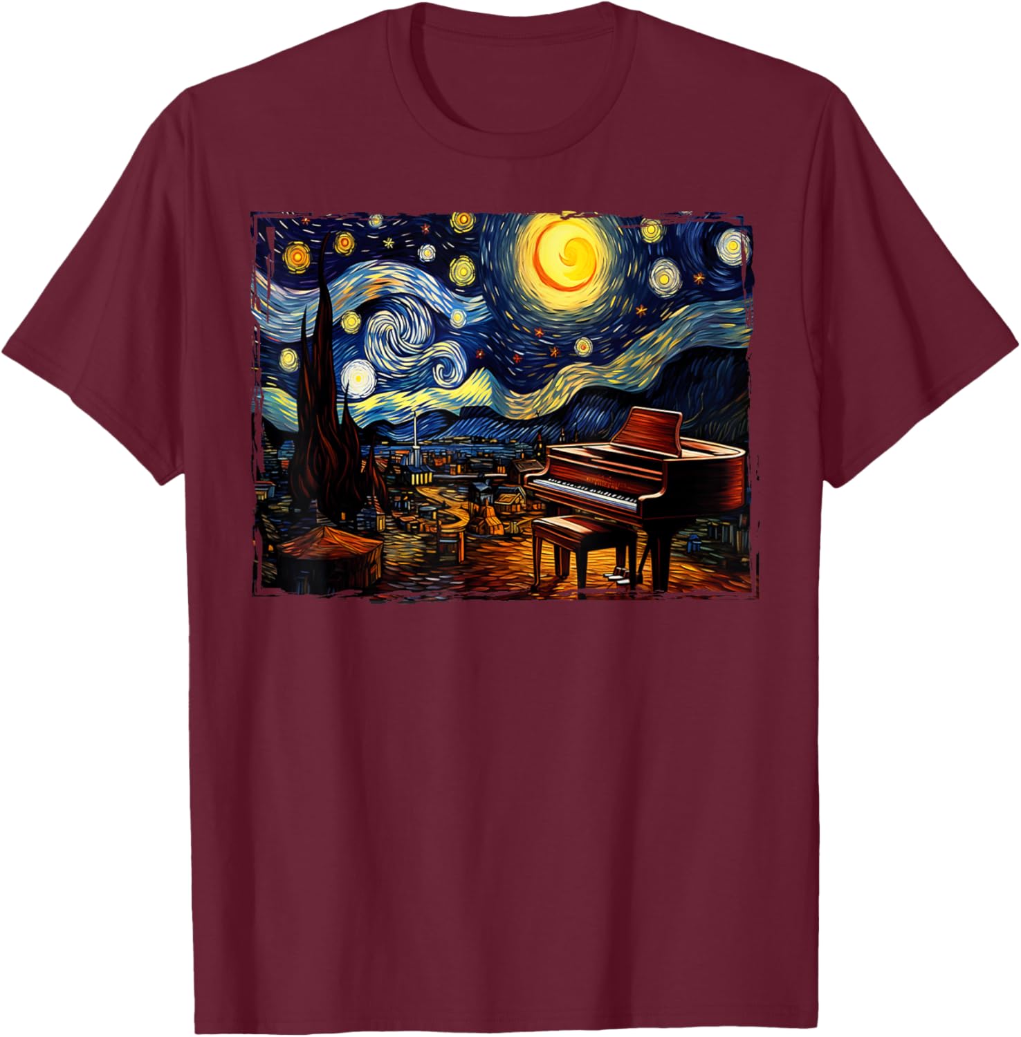 Van Gogh Music Lover Piano Piano Piano T-Shirt - T-Shirt | Maroon