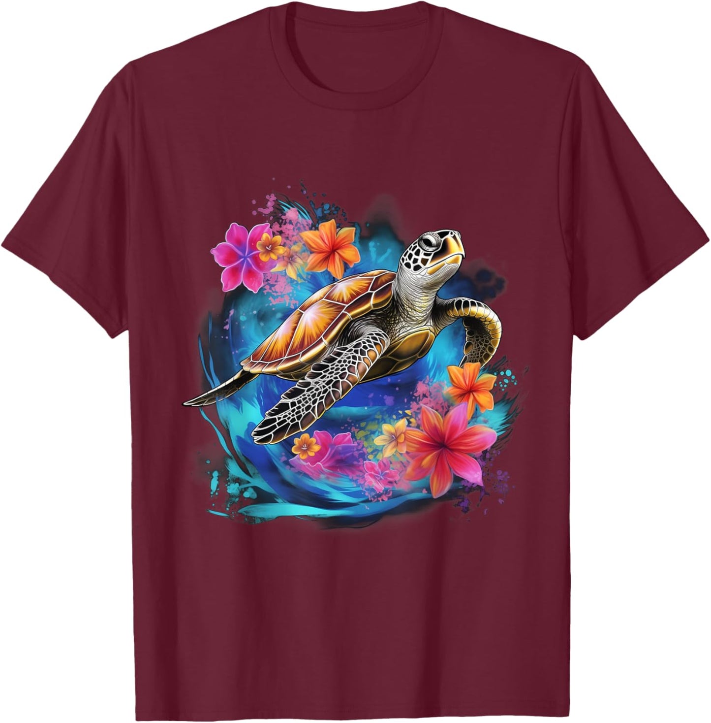 Sea Turtle Hawaiian Hibiscus Flowers Surfer Scuba Diving T-Shirt - T-Shirt | Maroon
