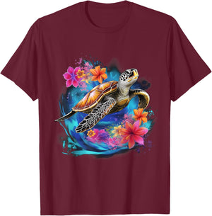 Sea Turtle Hawaiian Hibiscus Flowers Surfer Scuba Diving T-Shirt - T-Shirt | Maroon