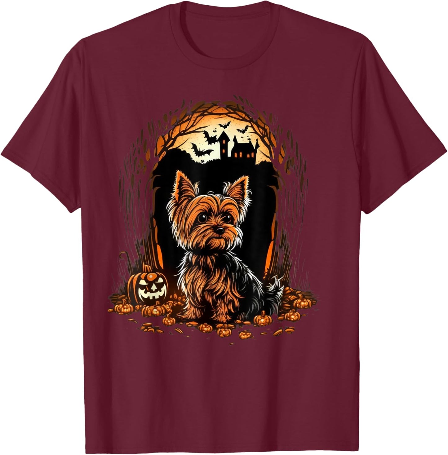 Pumpkin Yorkie costume on Yorkshire Terrier Halloween T-Shirt - T-Shirt | Maroon