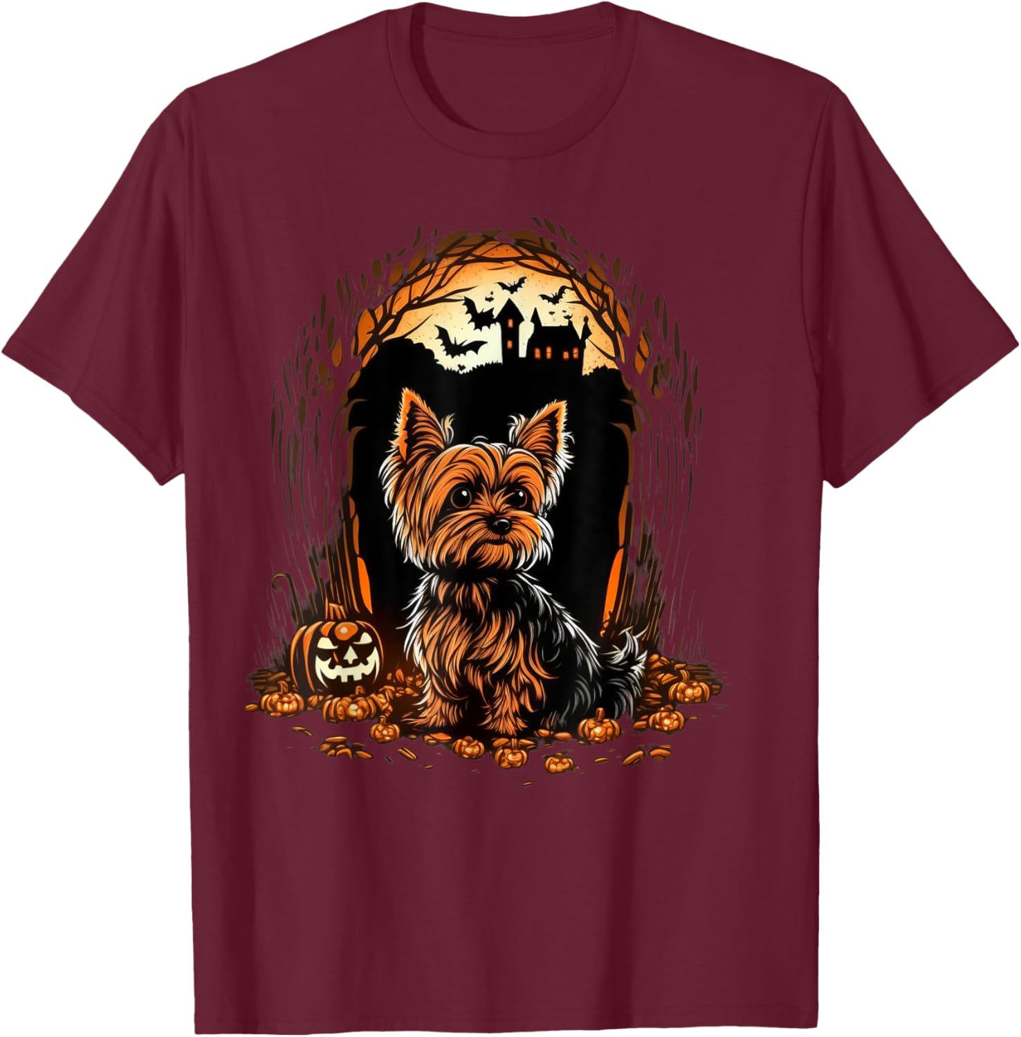 Pumpkin Yorkie costume on Yorkshire Terrier Halloween T-Shirt - T-Shirt | Maroon