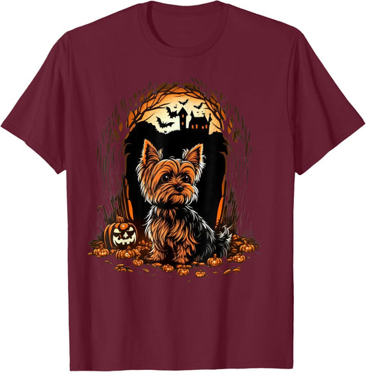 Pumpkin Yorkie costume on Yorkshire Terrier Halloween T-Shirt - T-Shirt | Maroon