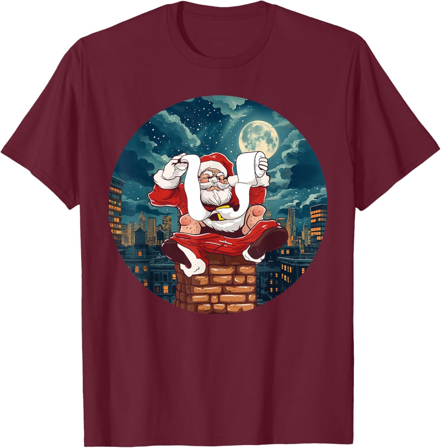 Funny Santa Claus sitting on Chimney with toilet Paper T-Shirt - T-Shirt | Maroon