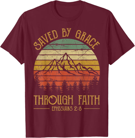Vintage Christian Saved By Grace Through Faith T-Shirt - T-Shirt | Maroon