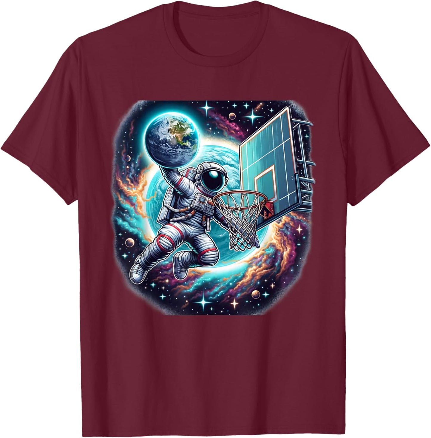 Astronaut Slam Dunking Planet Earth Basketball Lover T-Shirt - T-Shirt | Maroon