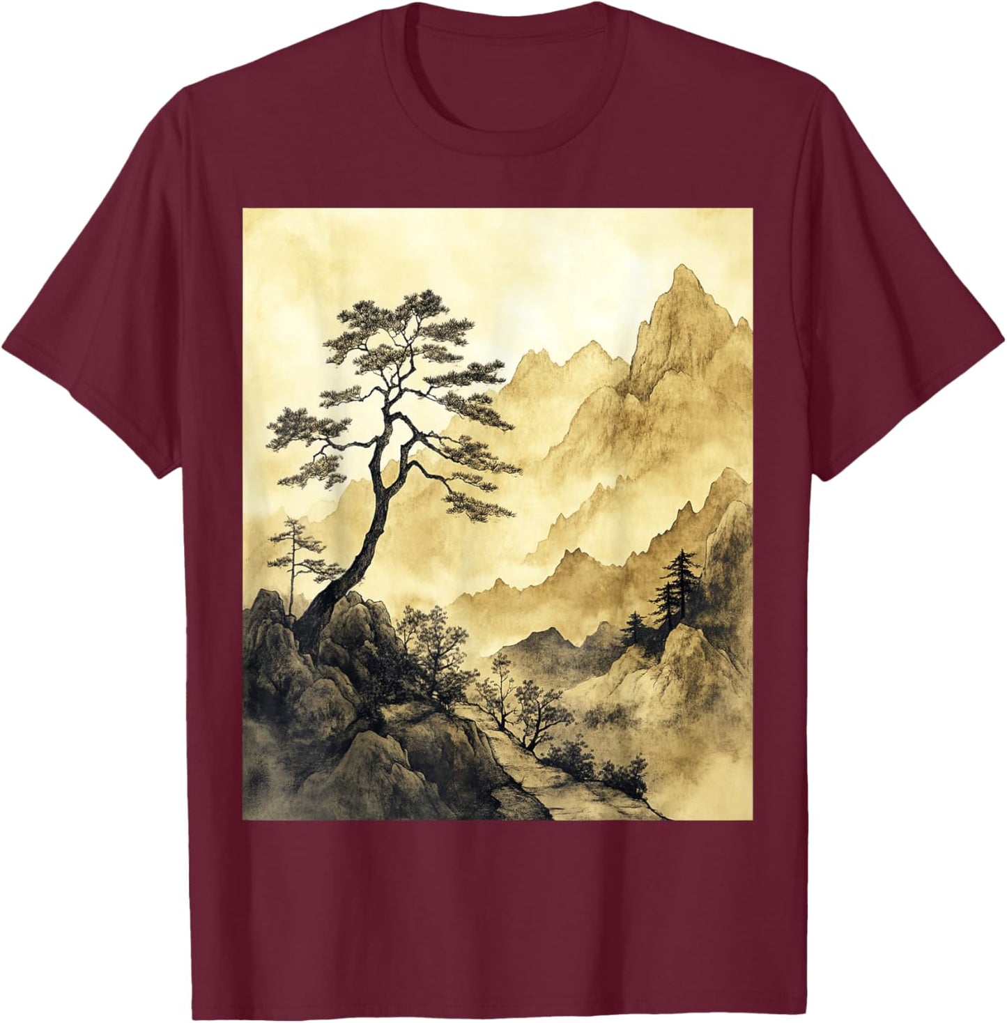 Serene Traditional Chinese Landscape Art T-Shirt - T-Shirt | Maroon