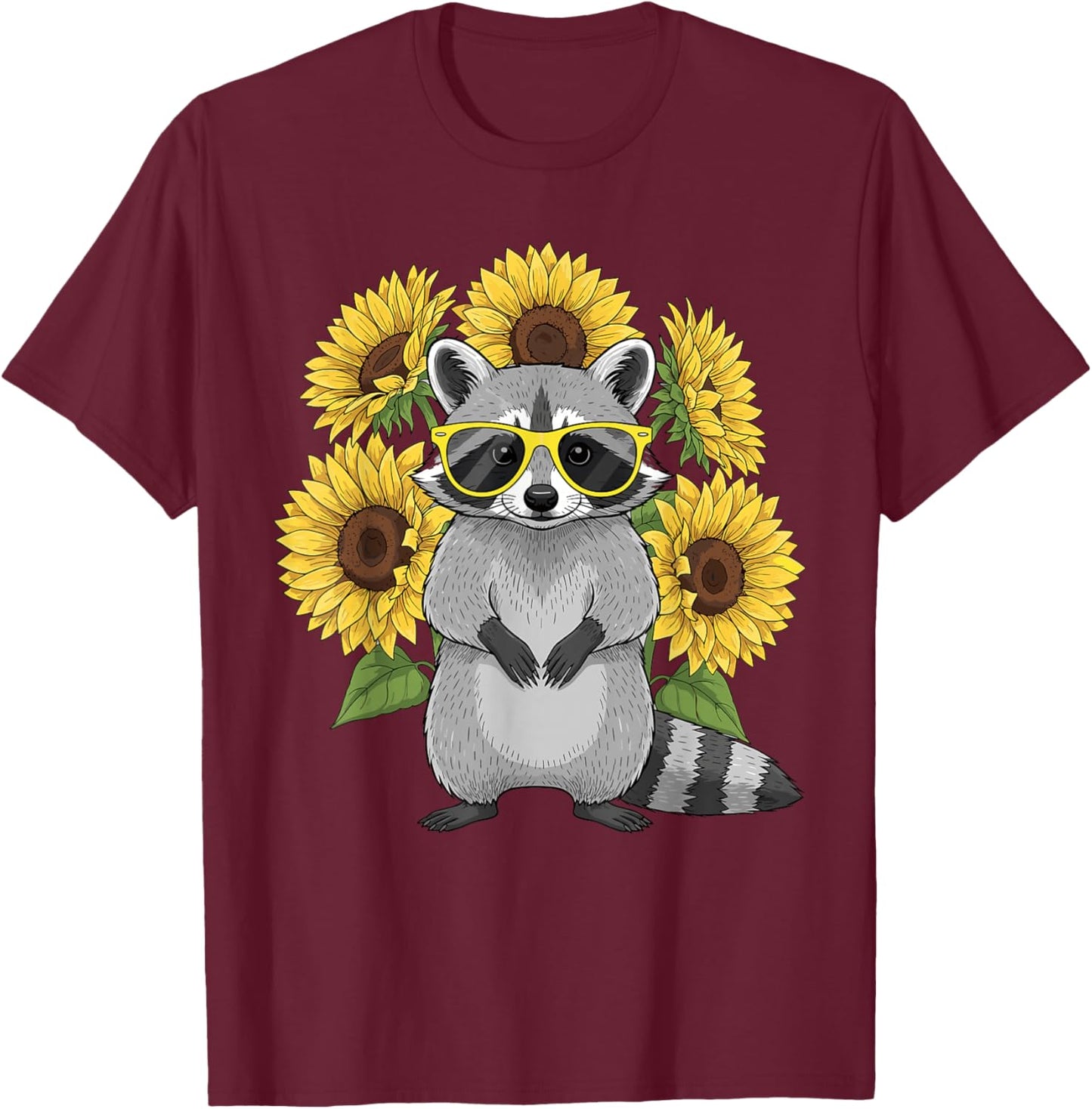 Cute Raccoon with Sunglasses and Sunflowers Women T-Shirt - T-Shirt | Maroon