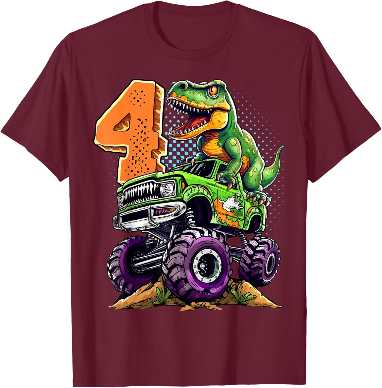 Monster Truck Dinosaur T-Rex 4th Birthday Boy 4 Year Old T-Shirt - T-Shirt | Maroon