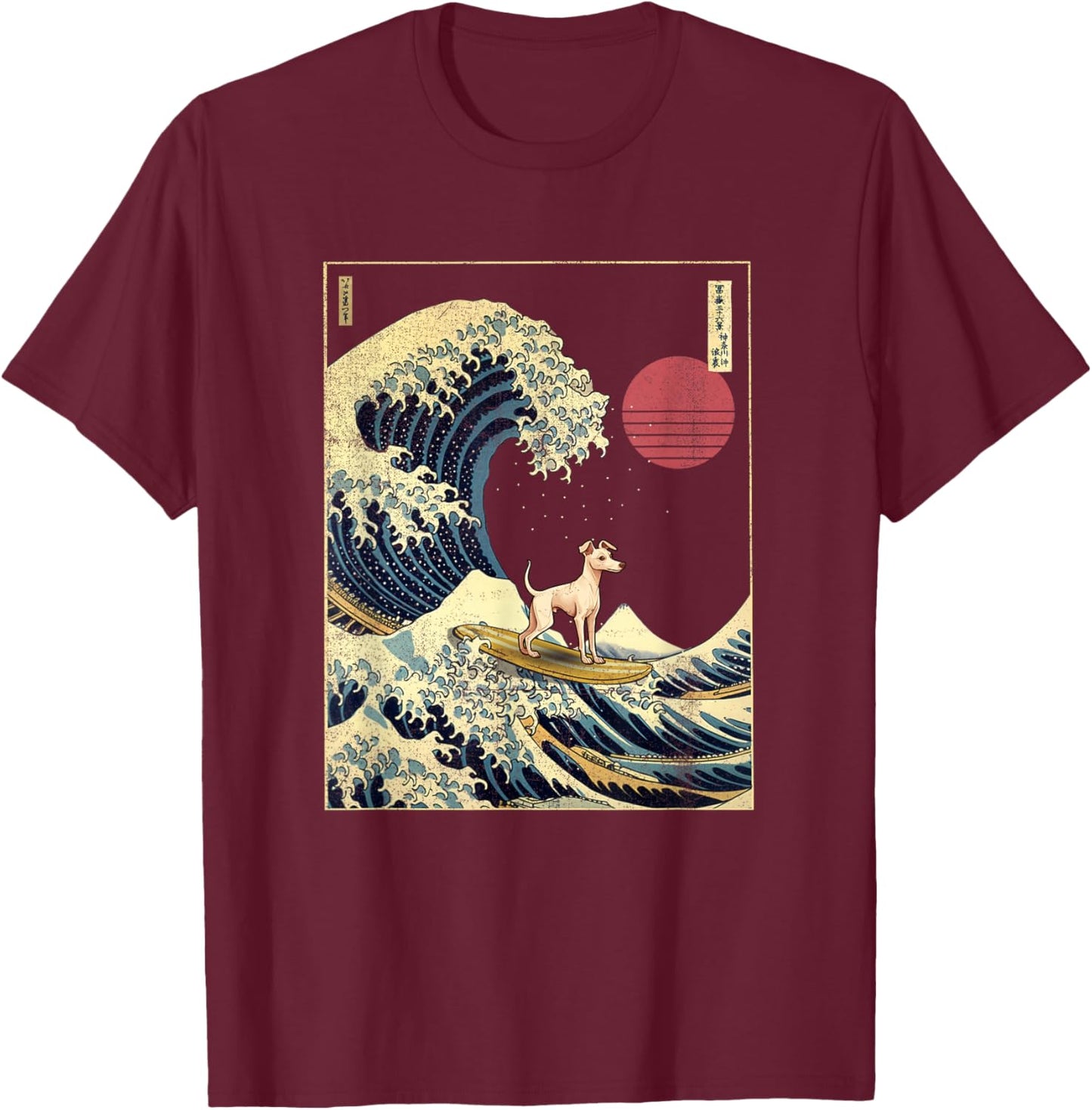 Italian Greyhound Japanese Kanagawa Wave Funny Surf Dog T-Shirt - T-Shirt | Maroon