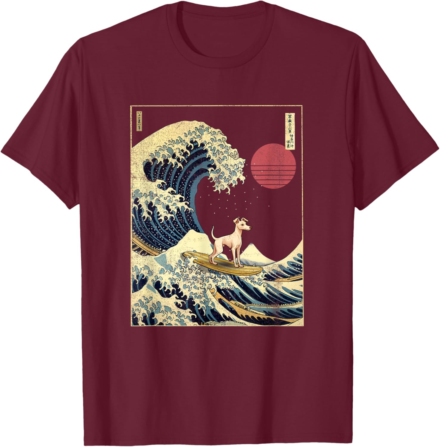 Italian Greyhound Japanese Kanagawa Wave Funny Surf Dog T-Shirt - T-Shirt | Maroon