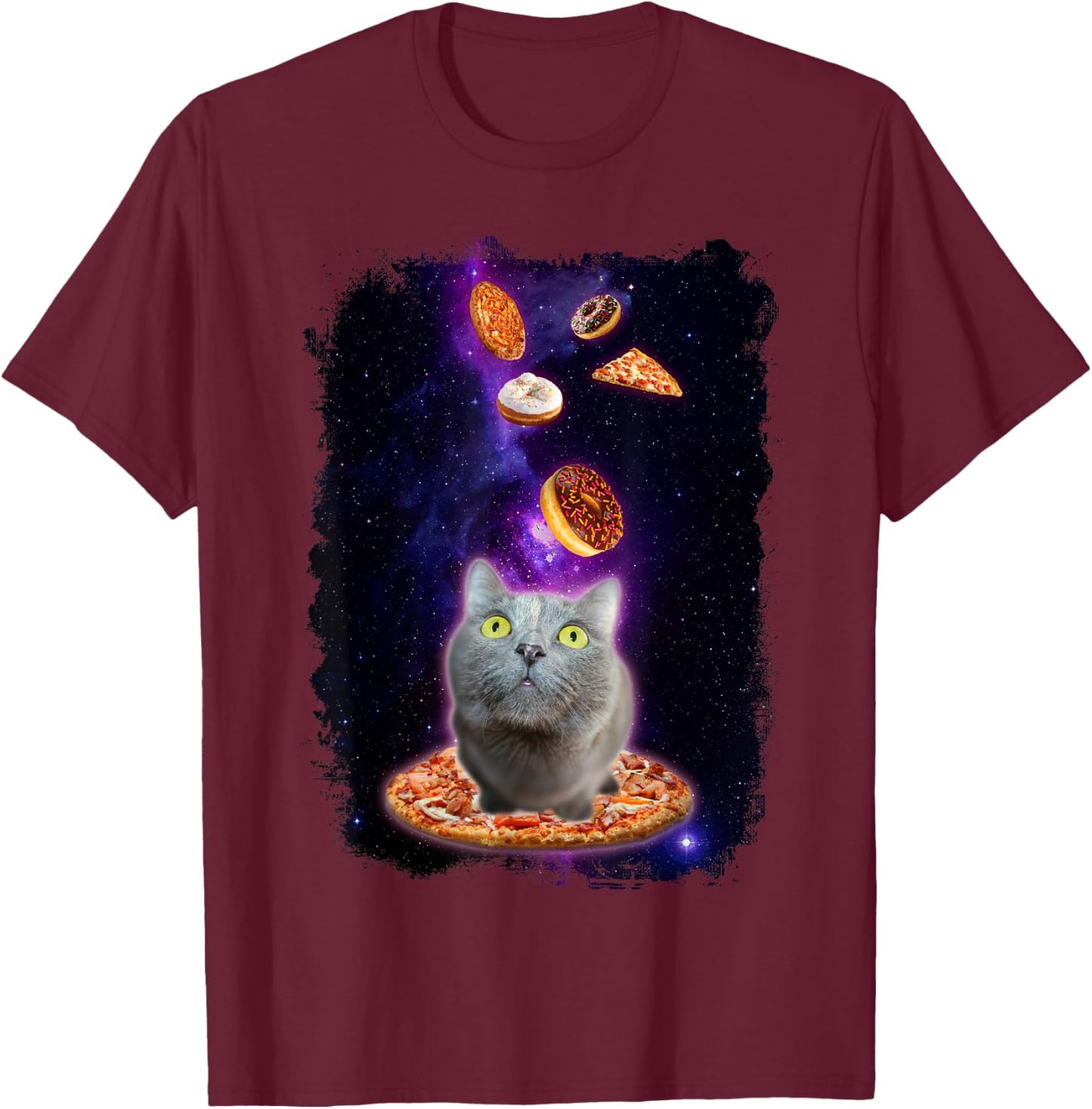 Cat in Space with Pizza Doughnuts Floating Shirt Gift T-Shirt - T-Shirt | Maroon