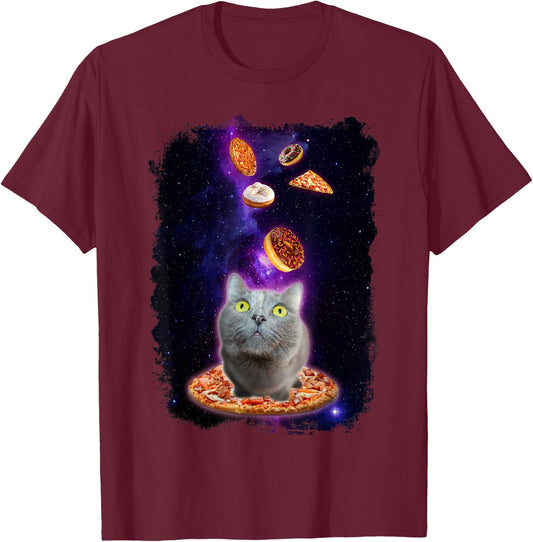 Cat in Space with Pizza Doughnuts Floating Shirt Gift T-Shirt - T-Shirt | Maroon