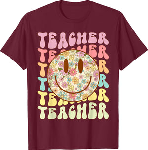 Groovy Retro Teacher Floral Smile Face Back To School T-Shirt - T-Shirt | Maroon