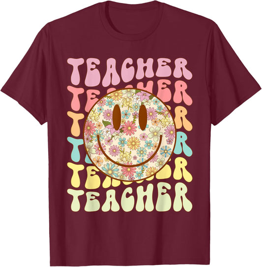 Groovy Retro Teacher Floral Smile Face Back To School T-Shirt - T-Shirt | Maroon