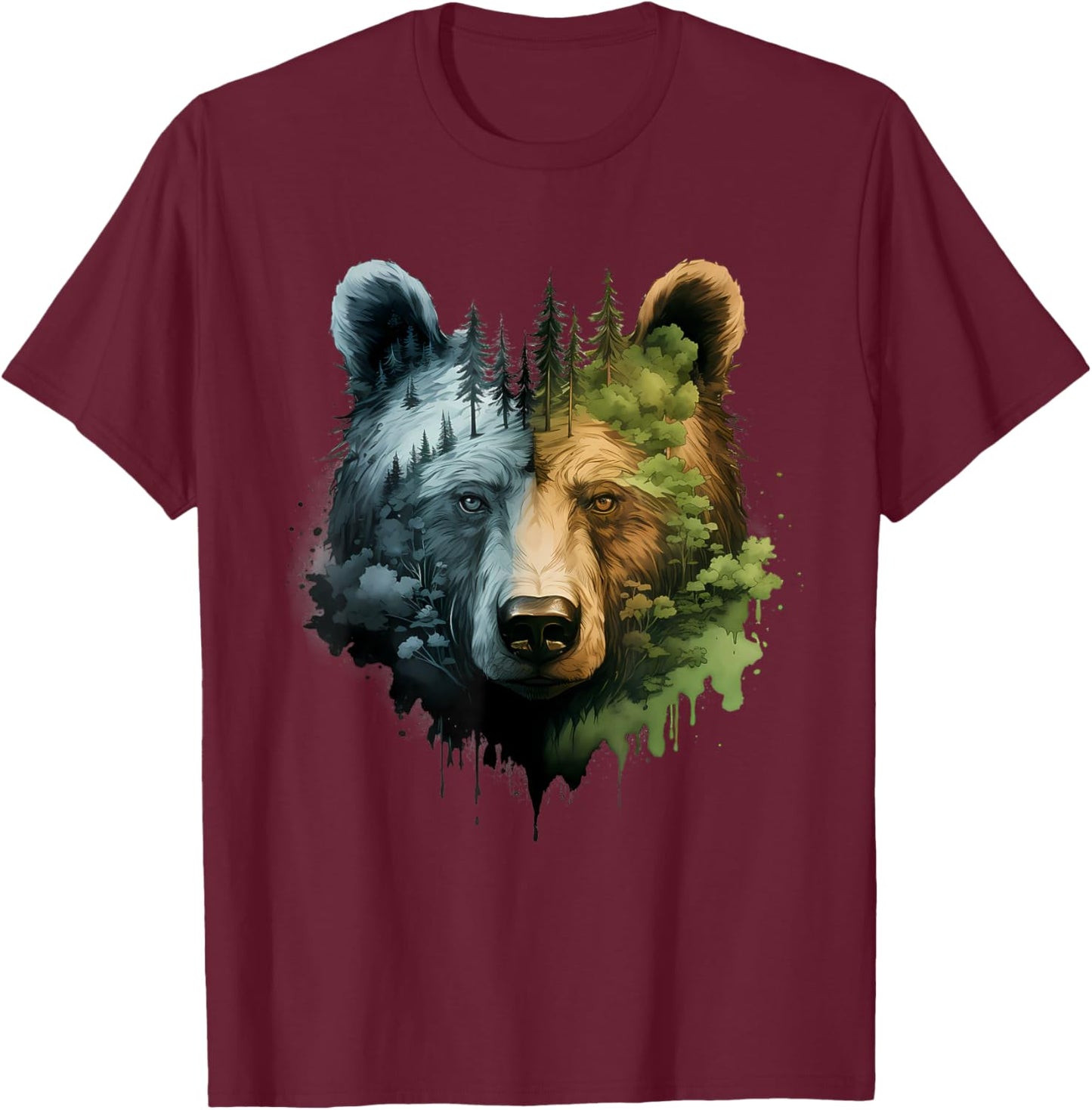 Bear Forest Portrait Animal Art Motif Nature Wildlife T-Shirt - T-Shirt | Maroon
