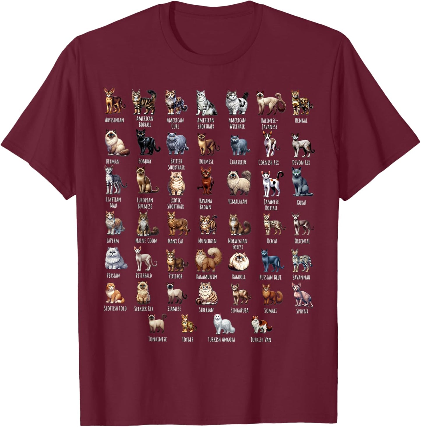 Cat Breeds for Cat Lovers Women Kids T-Shirt - T-Shirt | Maroon