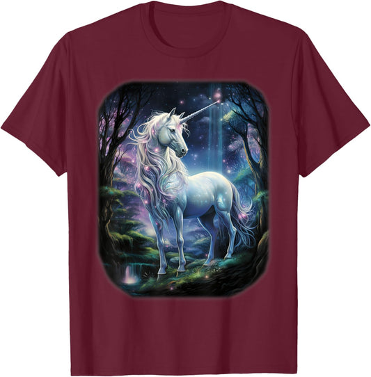 Fantasy white Unicorn standing in forest universe. T-Shirt - T-Shirt | Maroon
