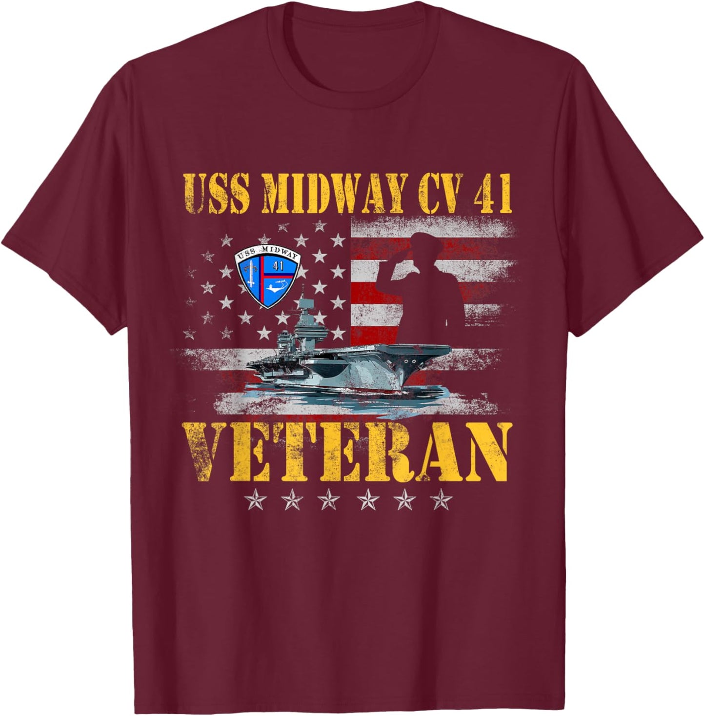 USS Midway CV 41 Aircraft Carrier Veteran US Flag Patriotic T-Shirt - T-Shirt | Maroon