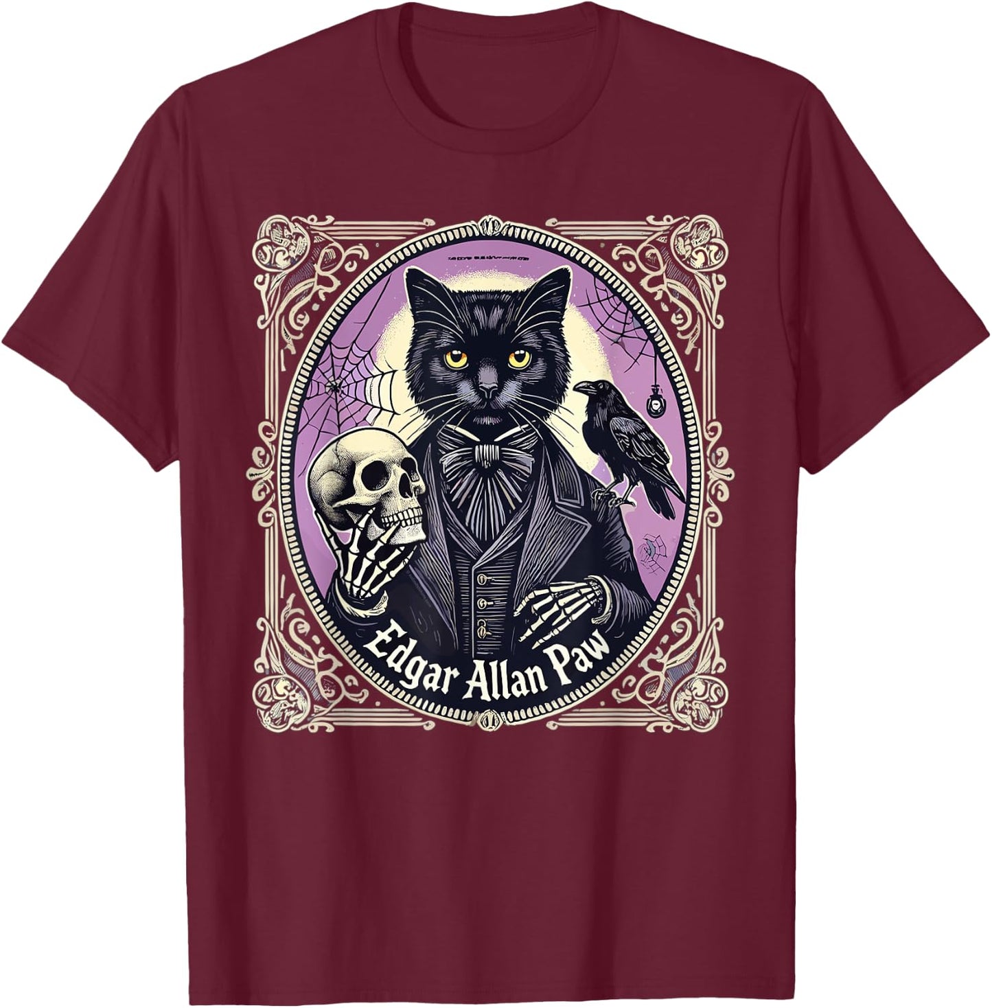 “Edgar Allan Paw” Funny Pun Black Cat Gothic Theme T-Shirt - T-Shirt | Maroon