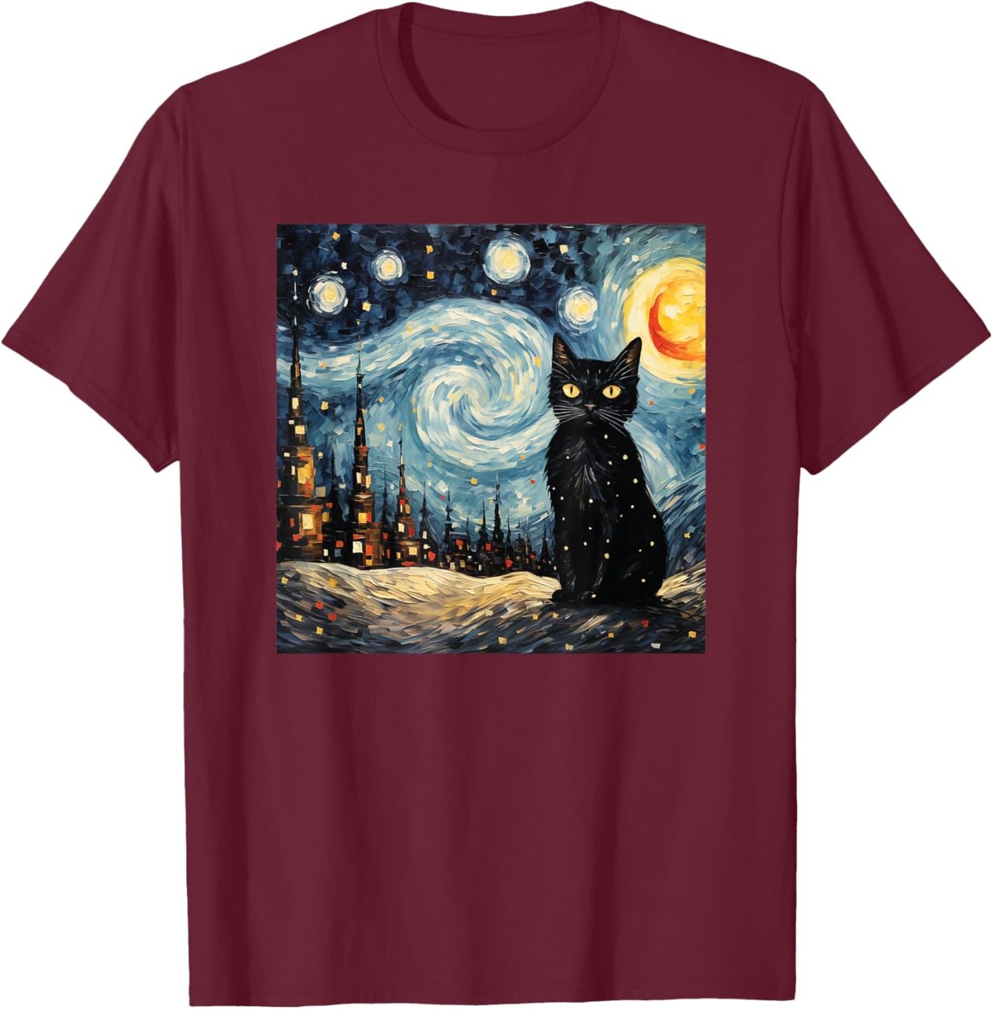 black cat Painting art Starry Night kitty kitten Van Gogh T-Shirt - T-Shirt | Maroon