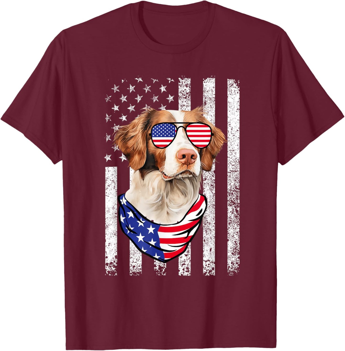Brittany Spaniel American Flag USA Patriotic 4th of July T-Shirt - T-Shirt | Maroon