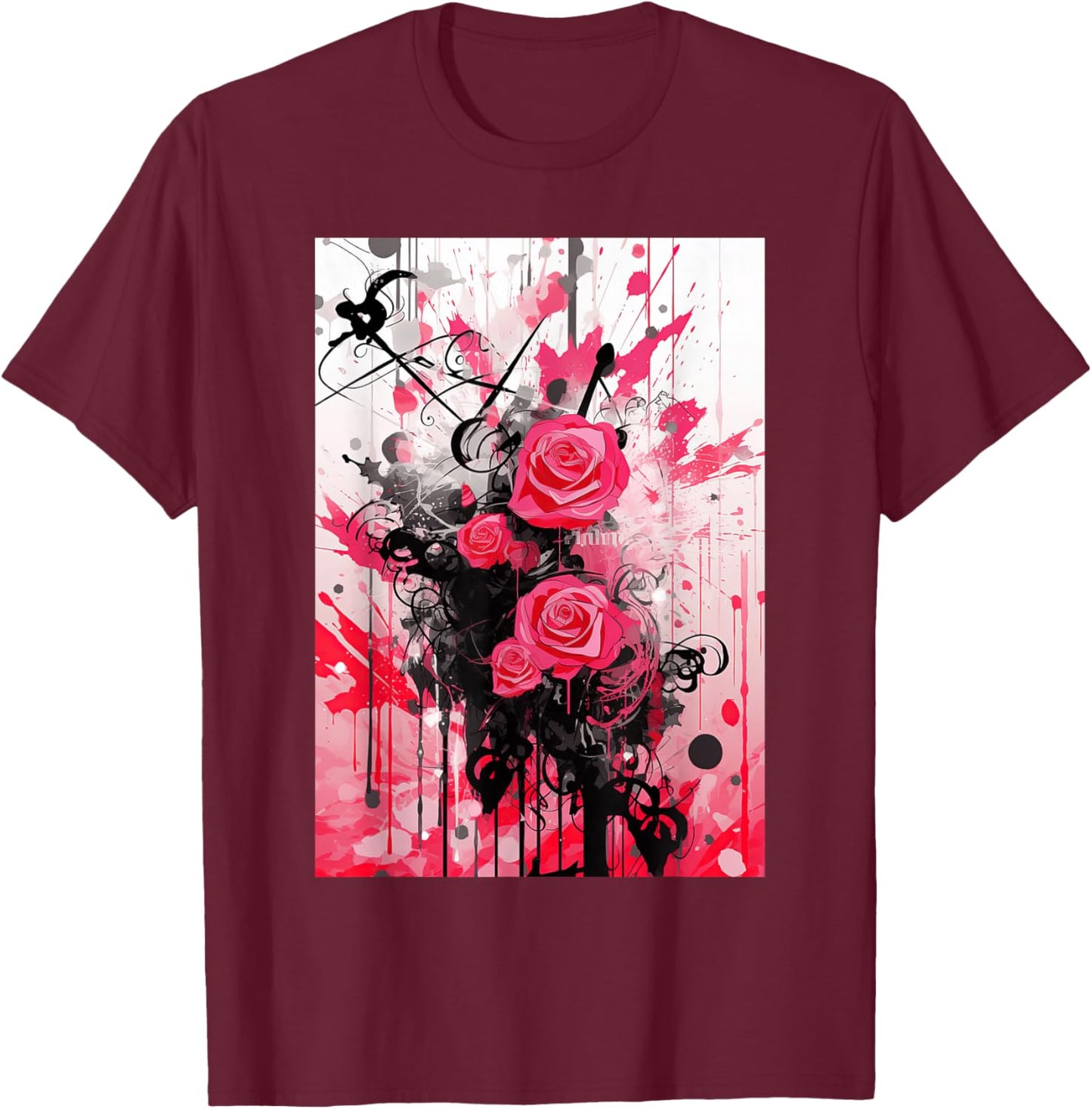 Frutiger Metro: Pink Roses Stars Hearts Paper T-Shirt - T-Shirt | Maroon